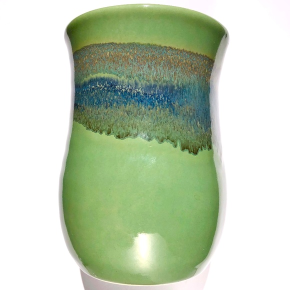 Left Handed Mug Neher Signed Pottery Green Blue Drip Glossy Glaze 2017 Tall Cup - Picture 8 of 15